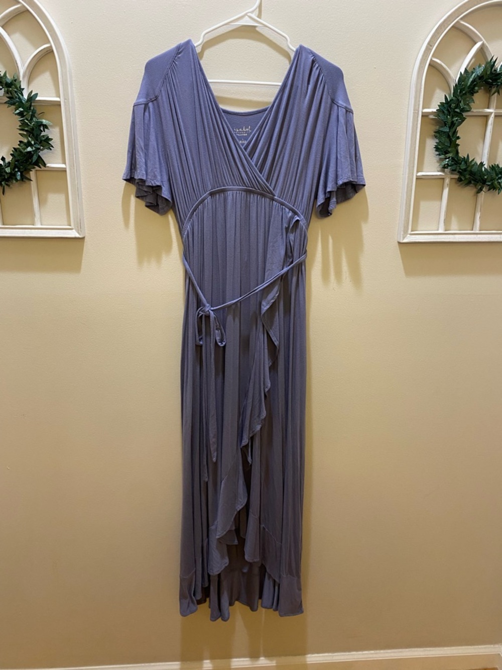 Wrap-Front Lavender Maxi Dress with Ruffle Trim (Bump Friendly)